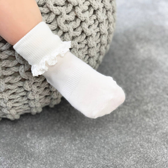 Frilly Non-Slip Stay-On Baby and Toddler Socks - Pearl White - The Little Sock Company