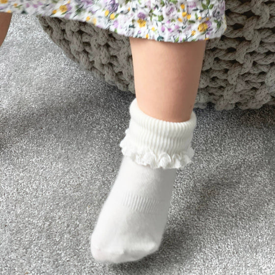 Frilly Non-Slip Stay-On Baby and Toddler Socks - Pearl White - The Little Sock Company