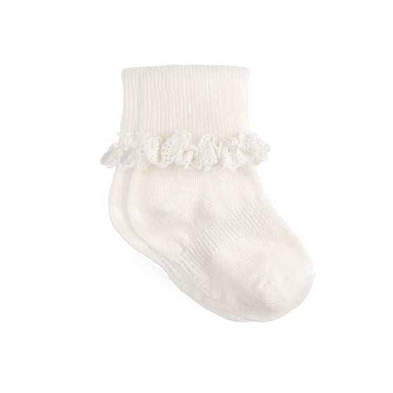 Frilly Non-Slip Stay-On Baby and Toddler Socks - Pearl White - The Little Sock Company