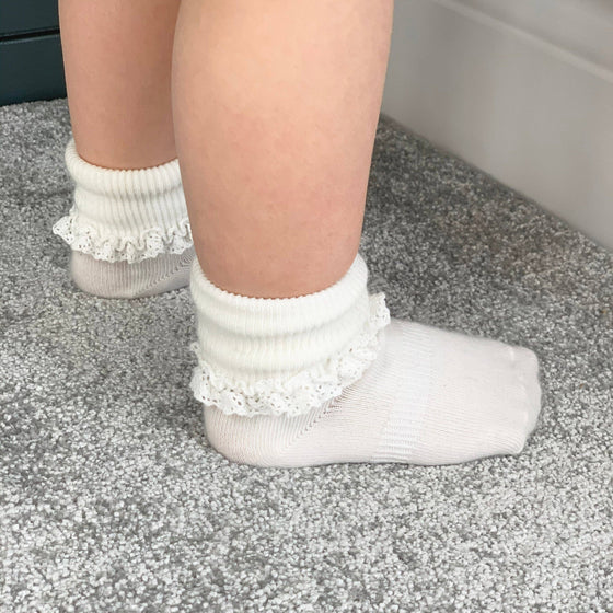 Frilly Non-Slip Stay-On Baby and Toddler Socks - Pearl White - The Little Sock Company