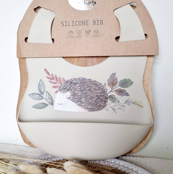 Silicone bib with Hedgehog collection tray - Beige